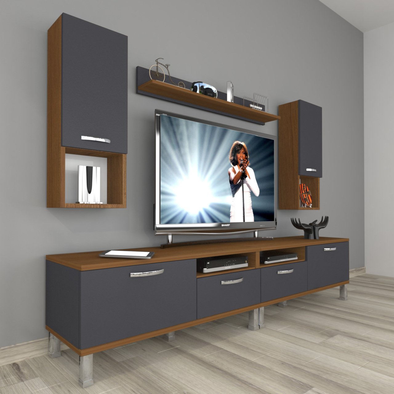 Decoraktiv Eko 5220DA Mdf Krom Ayaklı Tv Ünitesi Tv Sehpası Ceviz - Antrasit