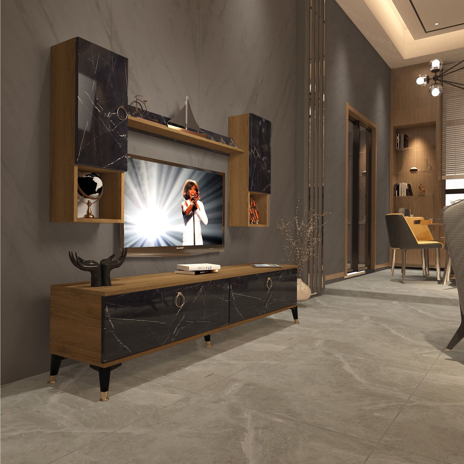 Decoraktiv Eko 5DA Mdf Std Gold Tv Ünitesi Tv Sehpası Pera - Siyah Mermer