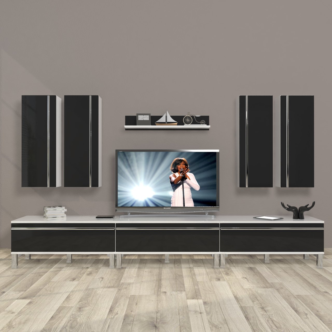 Decoraktiv Eko 8D Mdf Krom Ayaklı Tv Ünitesi Tv Sehpası Beyaz - Siyah