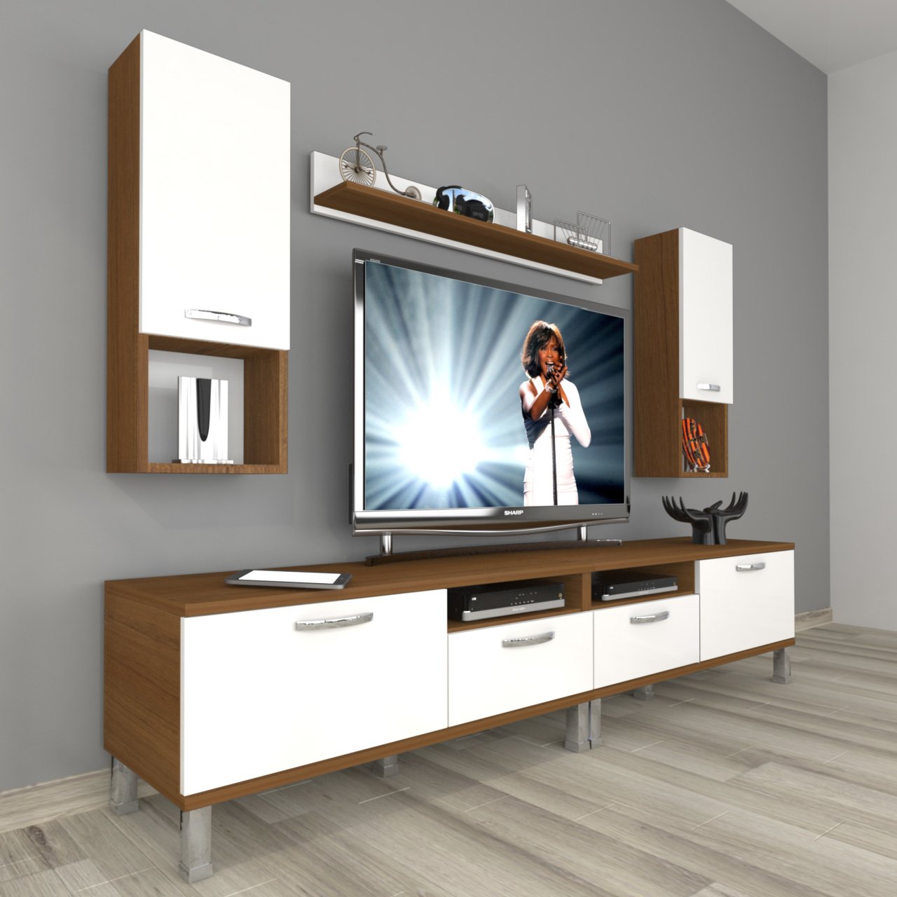 Decoraktiv Eko 5220DA Mdf Krom Ayaklı Tv Ünitesi Tv Sehpası Ceviz - Beyaz