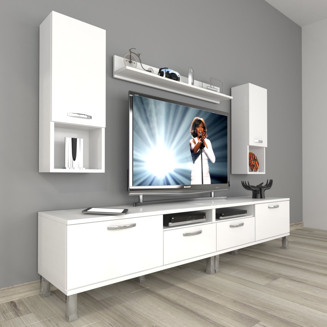 Decoraktiv Eko 5220DA Mdf Krom Ayaklı Tv Ünitesi Tv Sehpası Parlak Beyaz
