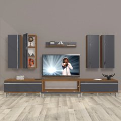 Decoraktiv Eko 8D Mdf Krom Ayaklı Tv Ünitesi Tv Sehpası Ceviz - Antrasit