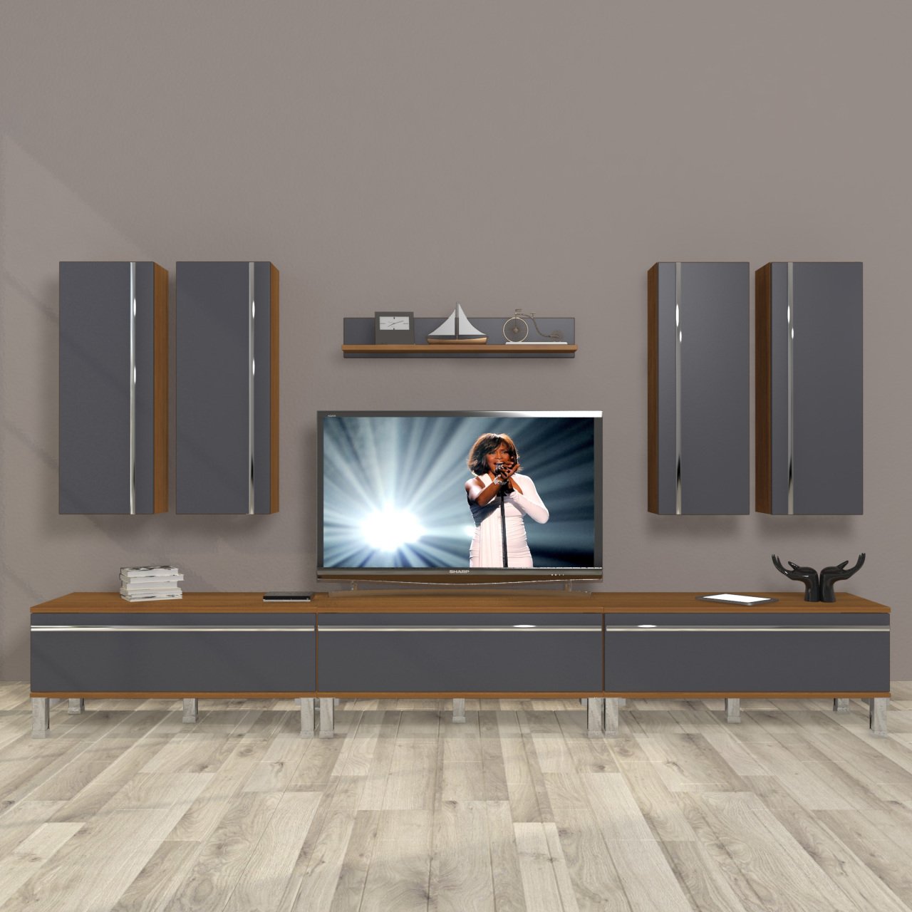 Decoraktiv Eko 8D Mdf Krom Ayaklı Tv Ünitesi Tv Sehpası Ceviz - Antrasit