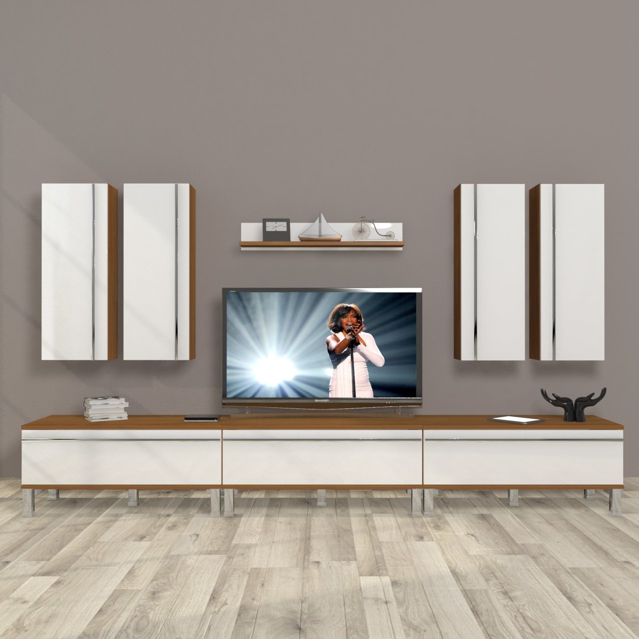 Decoraktiv Eko 8D Mdf Krom Ayaklı Tv Ünitesi Tv Sehpası Ceviz - Beyaz