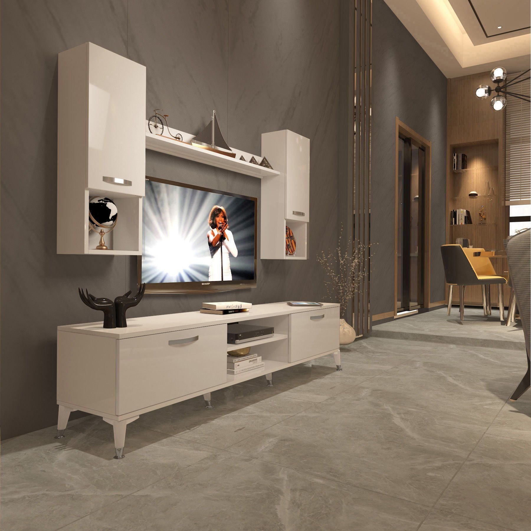 Decoraktiv Eko 5DA Slm Dvd Silver Tv Ünitesi Tv Sehpası Parlak Beyaz