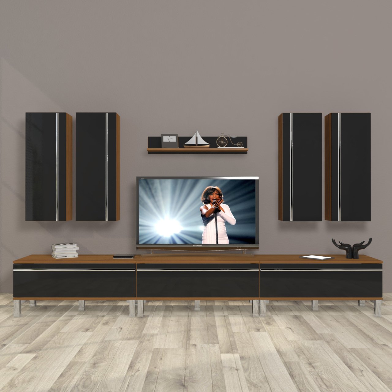 Decoraktiv Eko 8D Mdf Krom Ayaklı Tv Ünitesi Tv Sehpası Ceviz - Siyah
