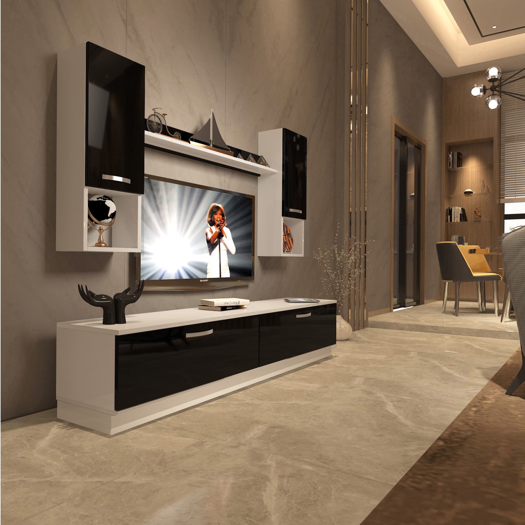 Decoraktiv Eko 5DAB Mdf Std Tv Ünitesi Tv Sehpası Beyaz - Siyah