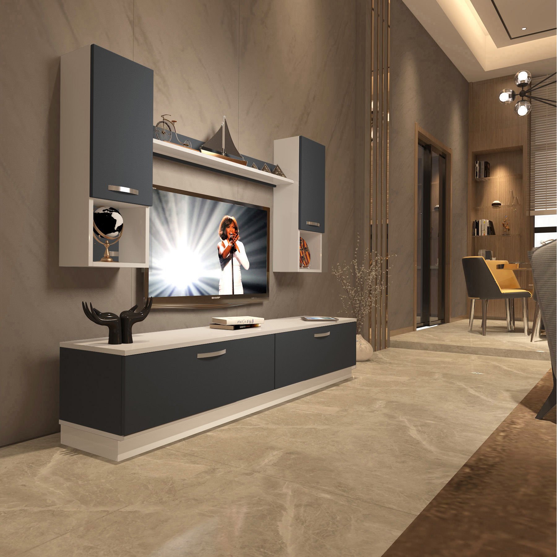 Decoraktiv Eko 5DAB Mdf Std Tv Ünitesi Tv Sehpası Beyaz - Antrasit