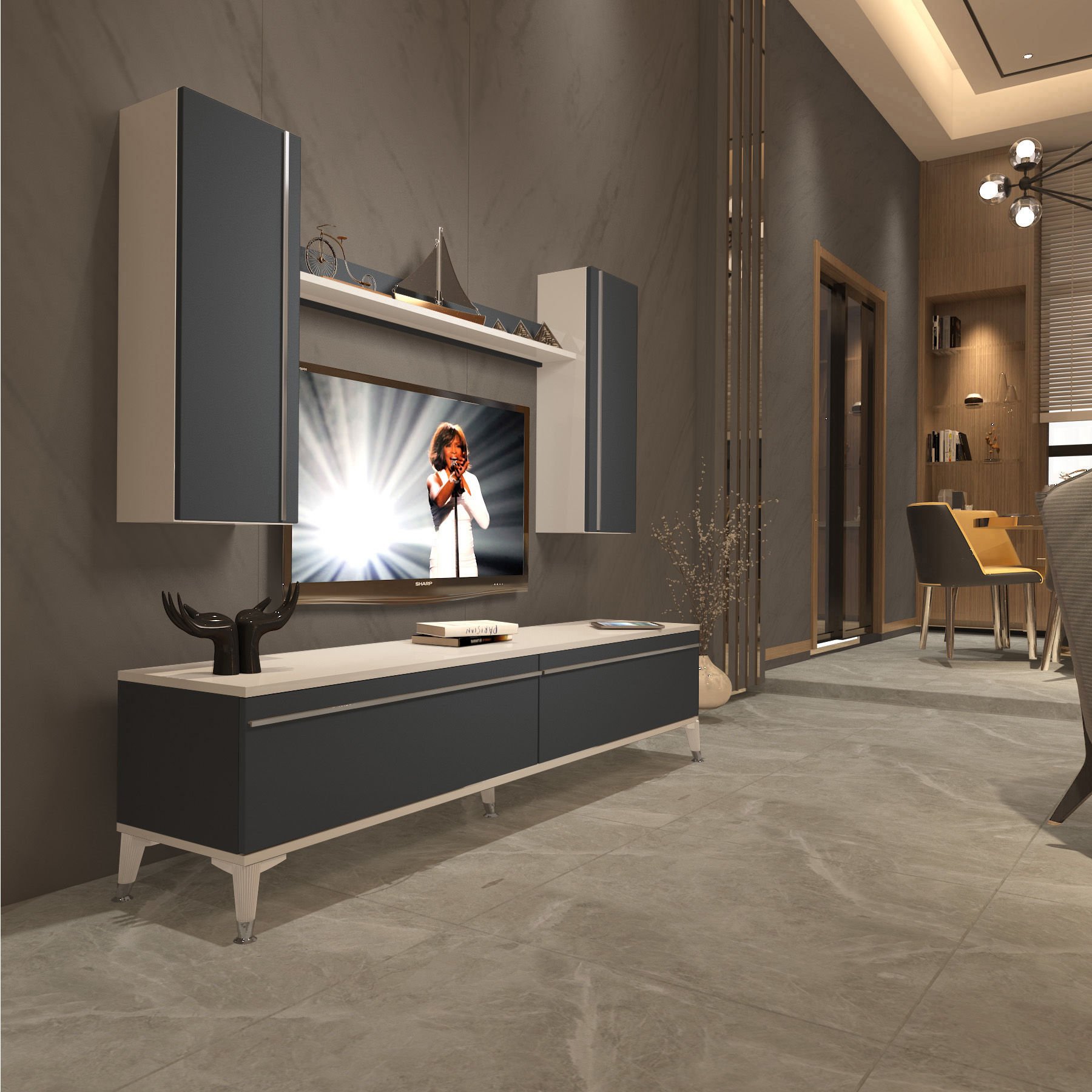 Decoraktiv Eko 7 Mdf Std Silver Tv Ünitesi Tv Sehpası Beyaz - Antrasit
