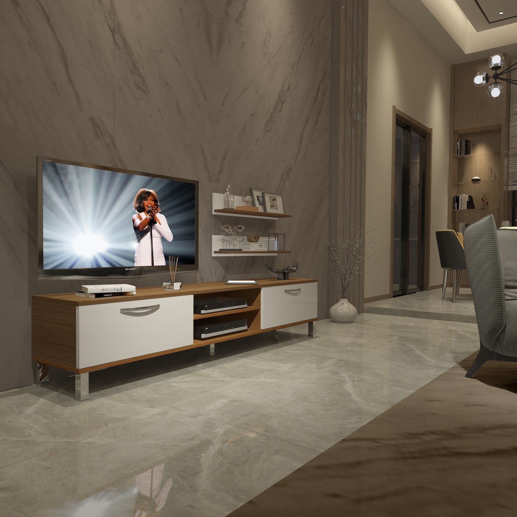 Decoraktiv Eko 4 Slm Dvd Krom Ayaklı Tv Ünitesi Tv Sehpası Ceviz - Beyaz