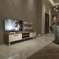 Decoraktiv Eko 4 Slm Dvd Krom Ayaklı Tv Ünitesi Tv Sehpası Ceviz - Beyaz