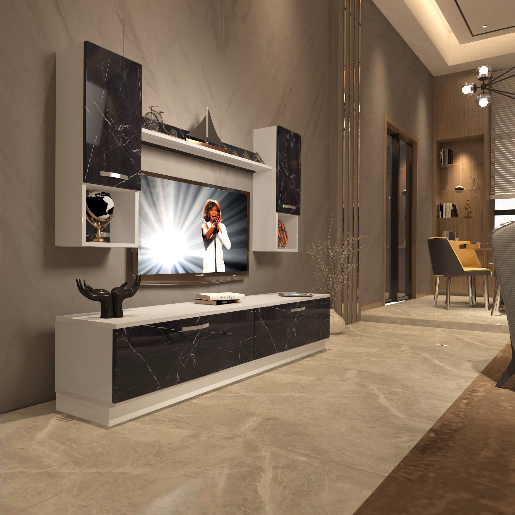 Decoraktiv Eko 5DAB Mdf Std Tv Ünitesi Tv Sehpası Beyaz - Siyah Mermer