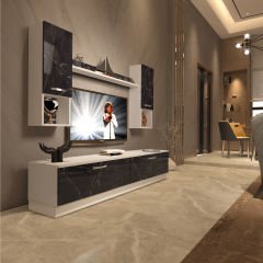 Decoraktiv Eko 5DAB Mdf Std Tv Ünitesi Tv Sehpası Beyaz - Siyah Mermer