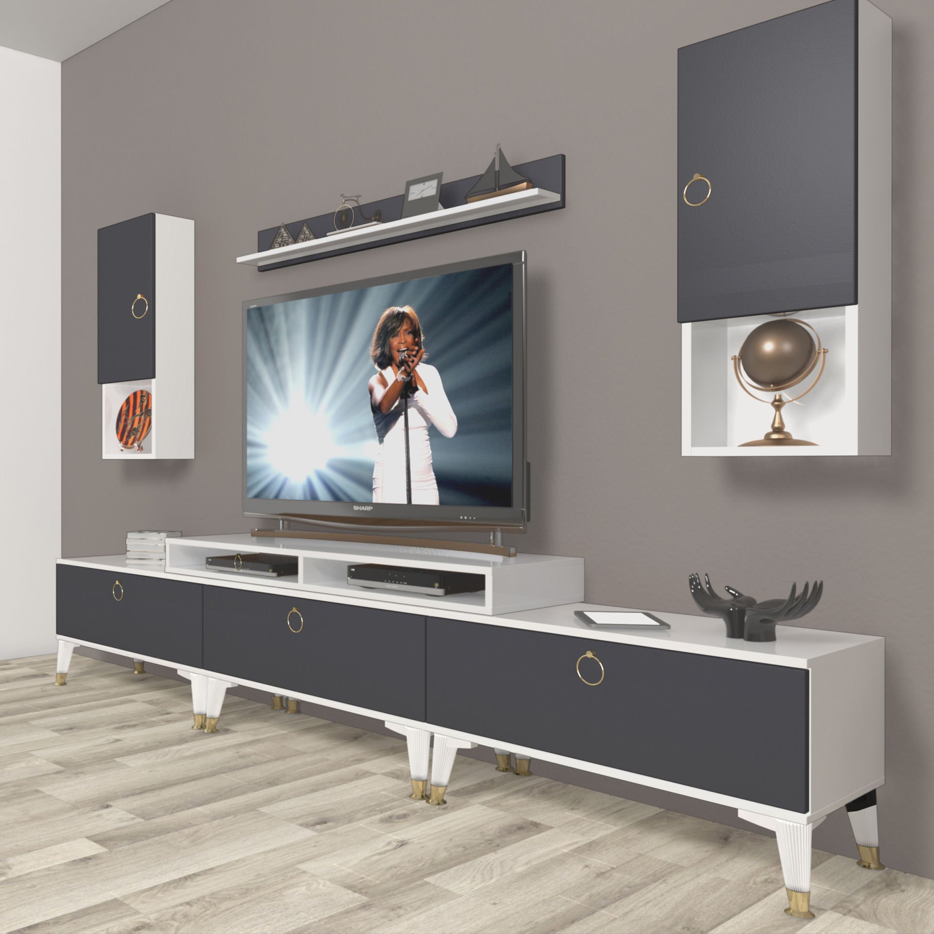 Decoraktiv Ekoflex 270da Mdf Gold Tv Ünitesi Tv Sehpası Beyaz - Antrasit