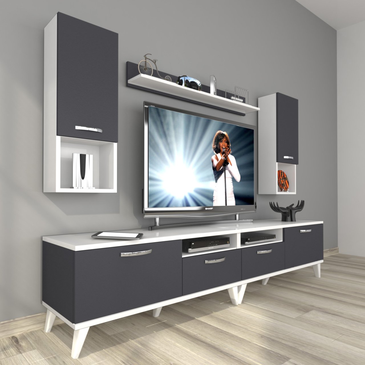 Decoraktiv Eko 5220DA Mdf Retro Tv Ünitesi Tv Sehpası Beyaz - Antrasit