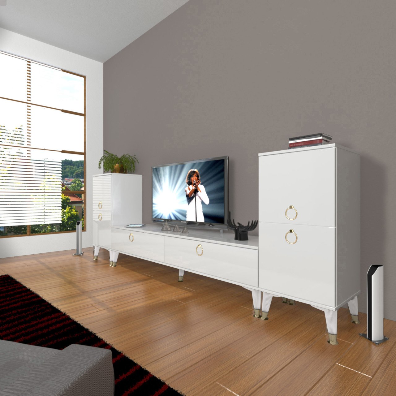 Decoraktiv Eko On2 Mdf Std Gold Tv Ünitesi Tv Sehpası Parlak Beyaz