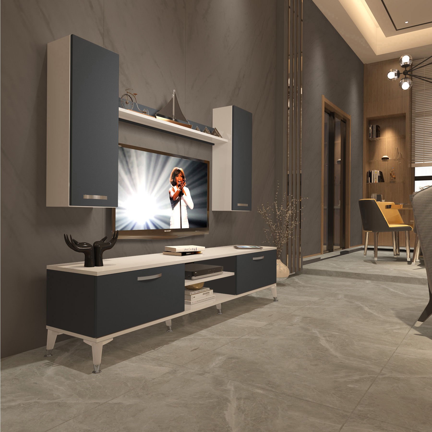 Decoraktiv Eko 7 Mdf Dvd Silver Tv Ünitesi Tv Sehpası Beyaz - Antrasit