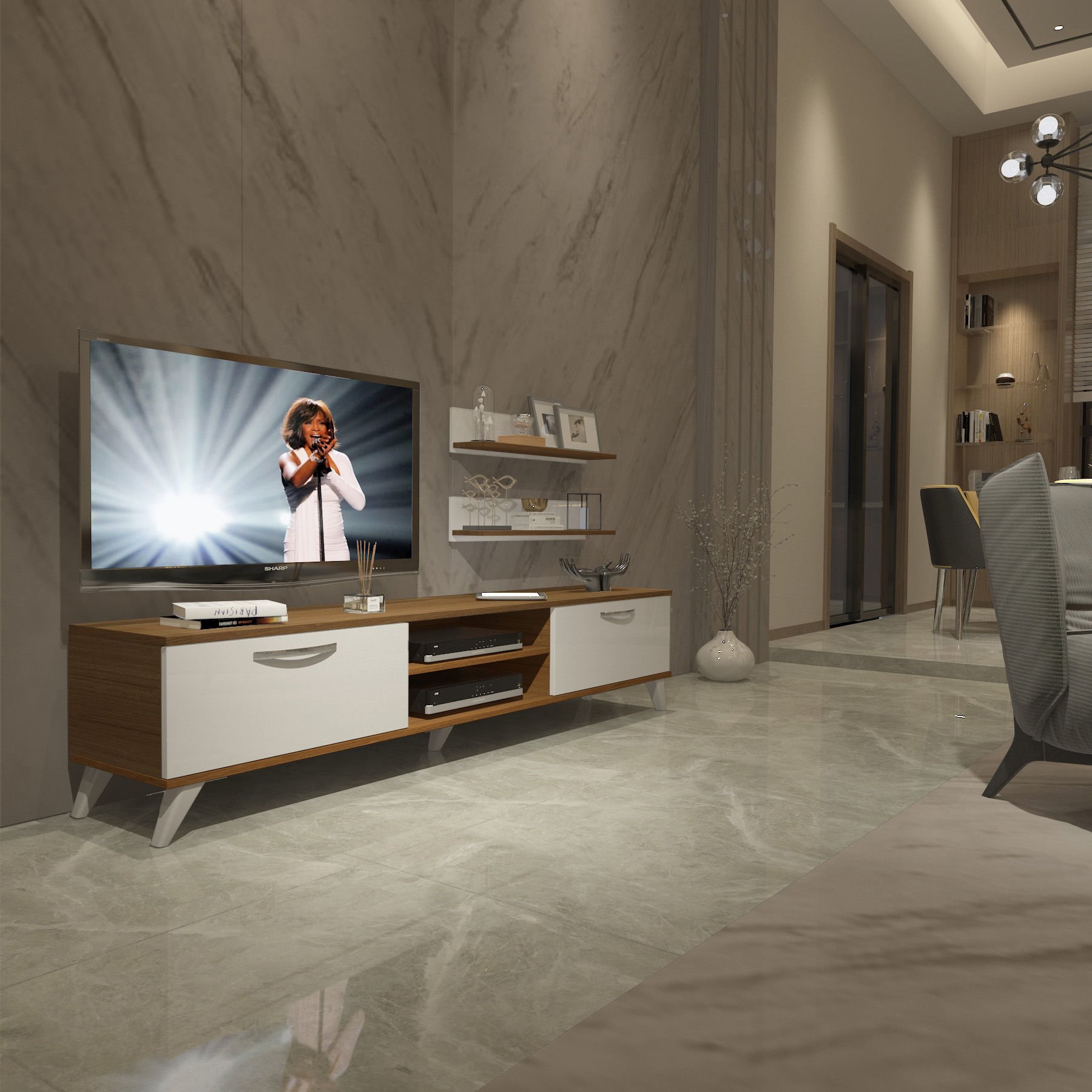 Decoraktiv Eko 4 Slm Dvd Retro Tv Ünitesi Tv Sehpası Ceviz - Beyaz