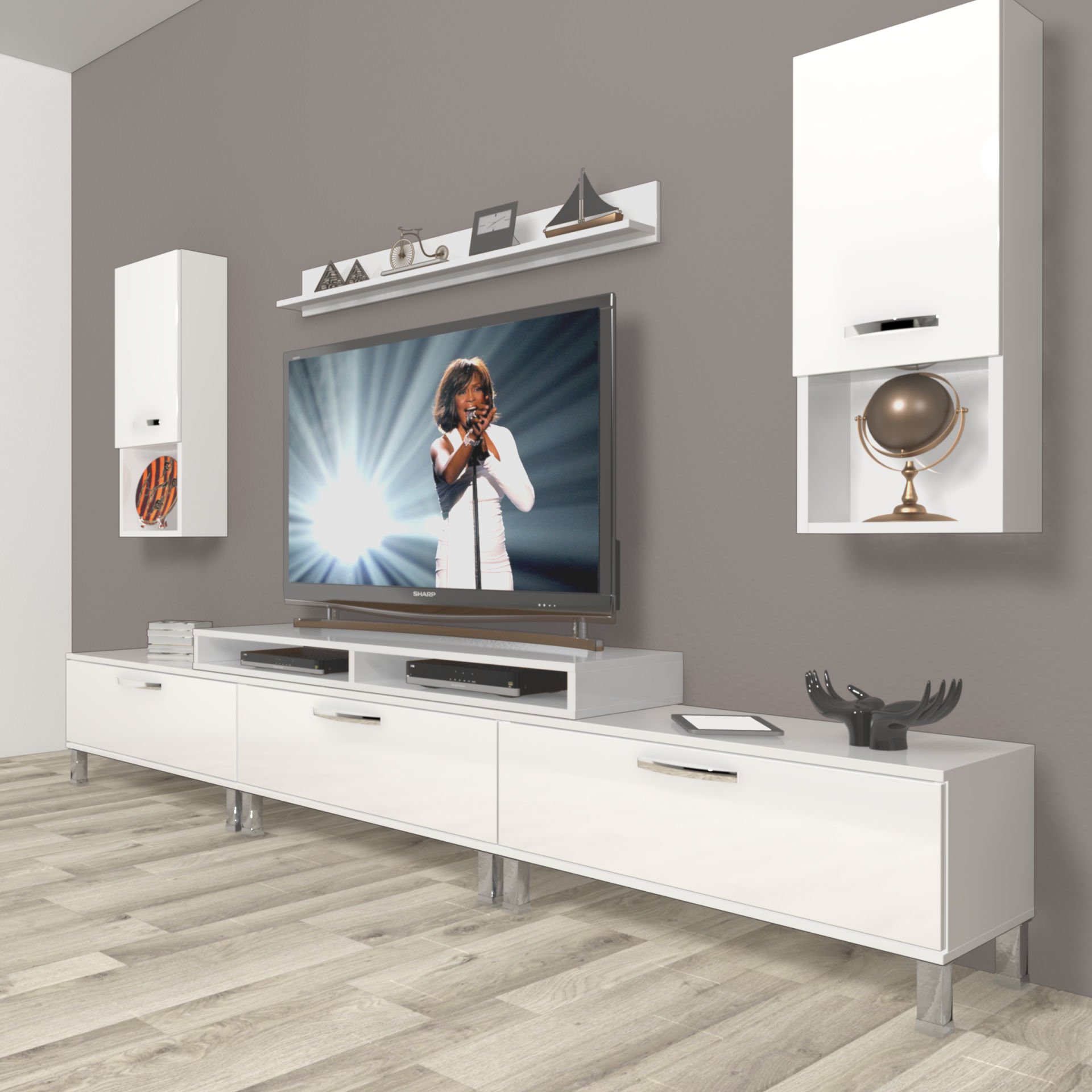 Decoraktiv Ekoflex 270da Mdf Krom Ayaklı Tv Ünitesi Tv Sehpası Parlak Beyaz