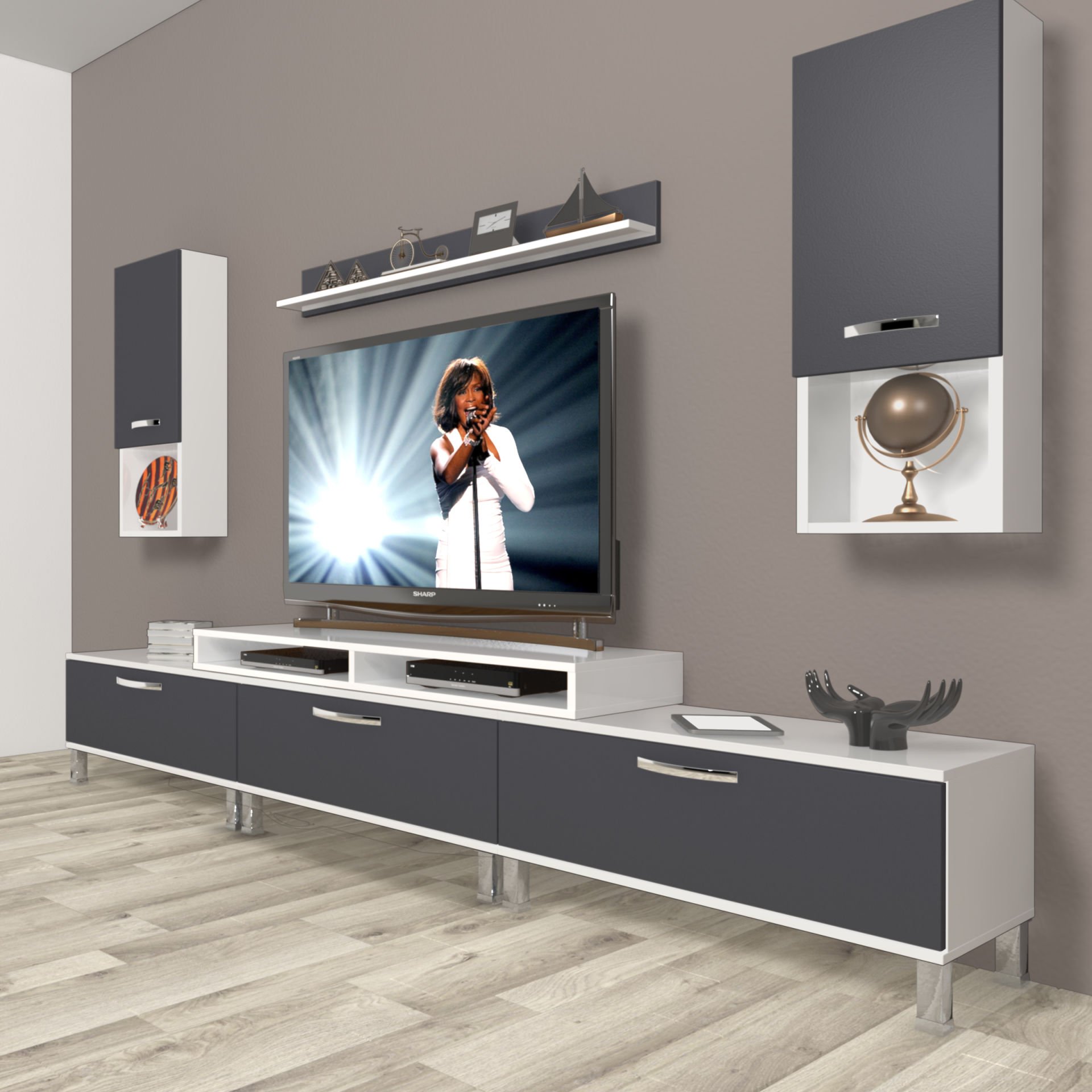 Decoraktiv Ekoflex 270da Mdf Krom Ayaklı Tv Ünitesi Tv Sehpası Beyaz - Antrasit