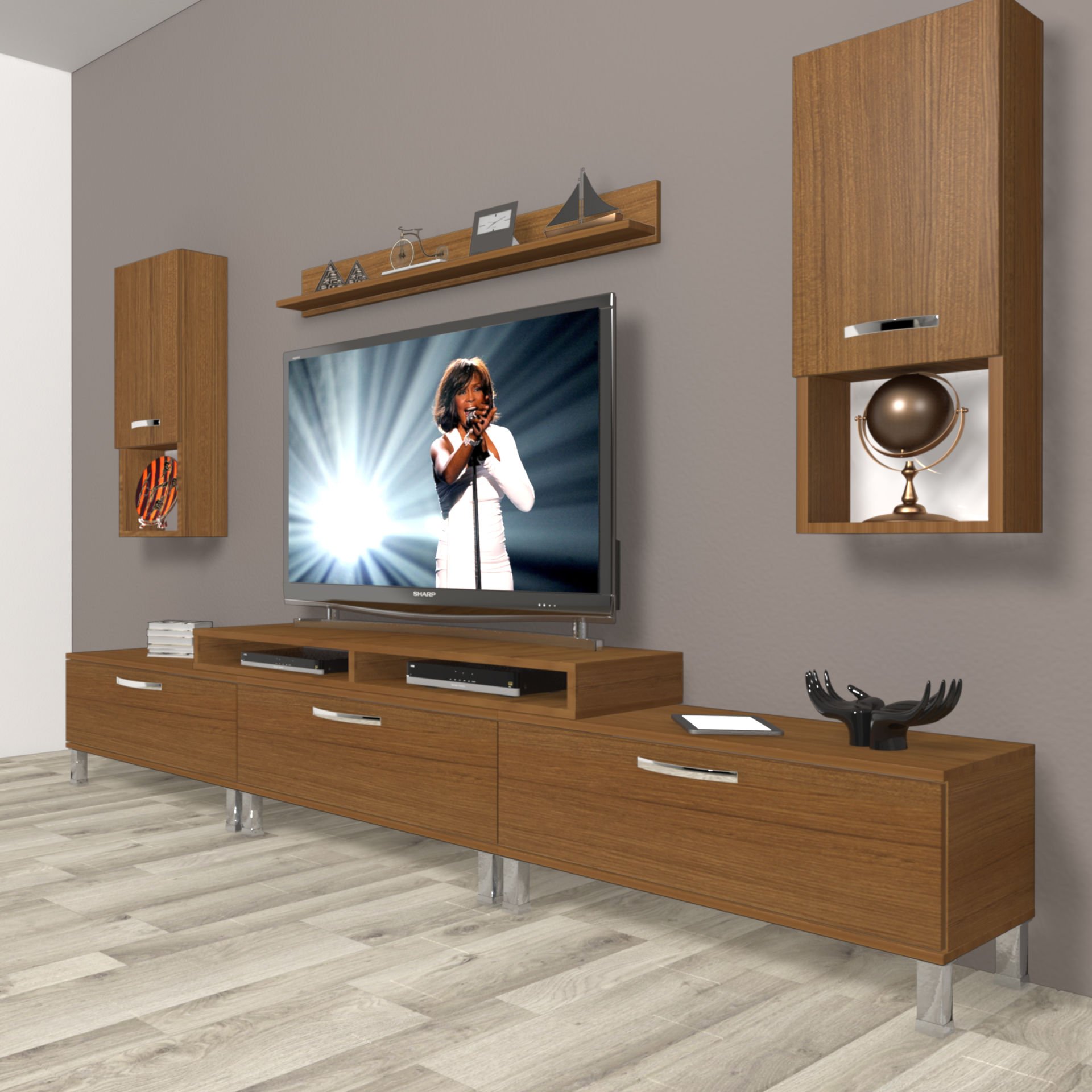Decoraktiv Ekoflex 270da Mdf Krom Ayaklı Tv Ünitesi Tv Sehpası Ceviz