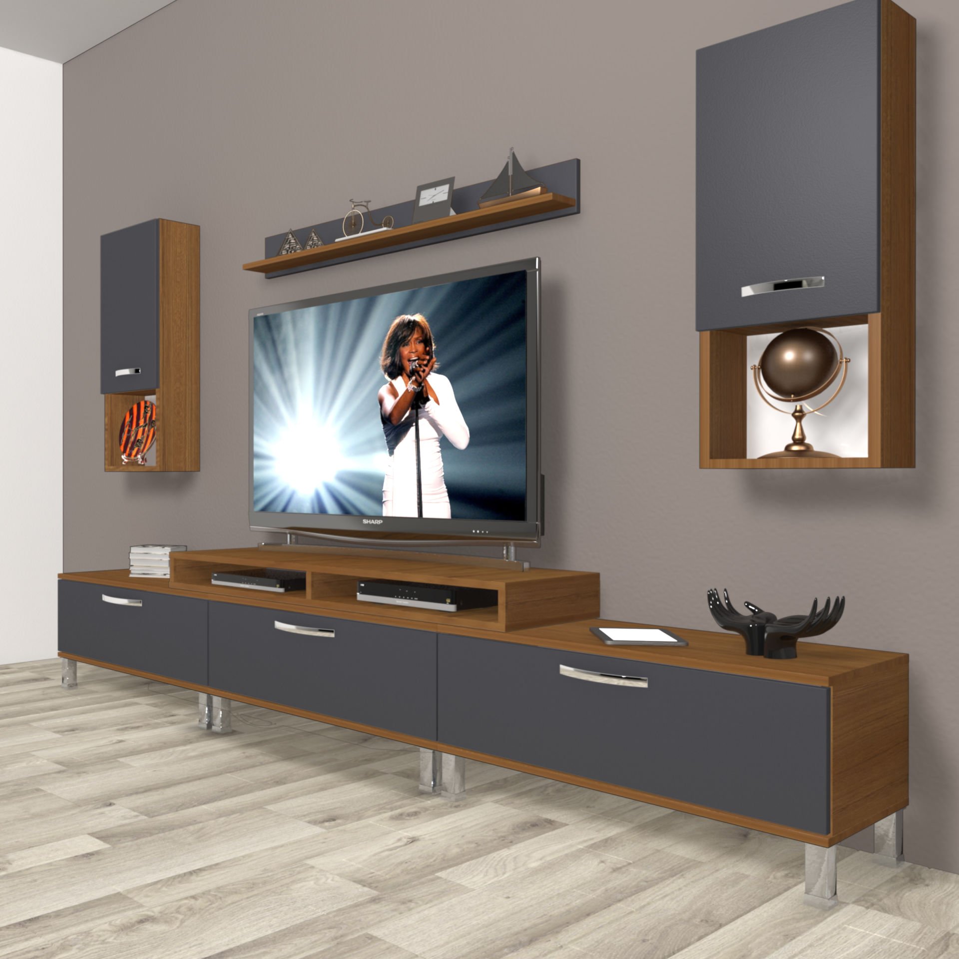 Decoraktiv Ekoflex 270da Mdf Krom Ayaklı Tv Ünitesi Tv Sehpası Ceviz - Antrasit