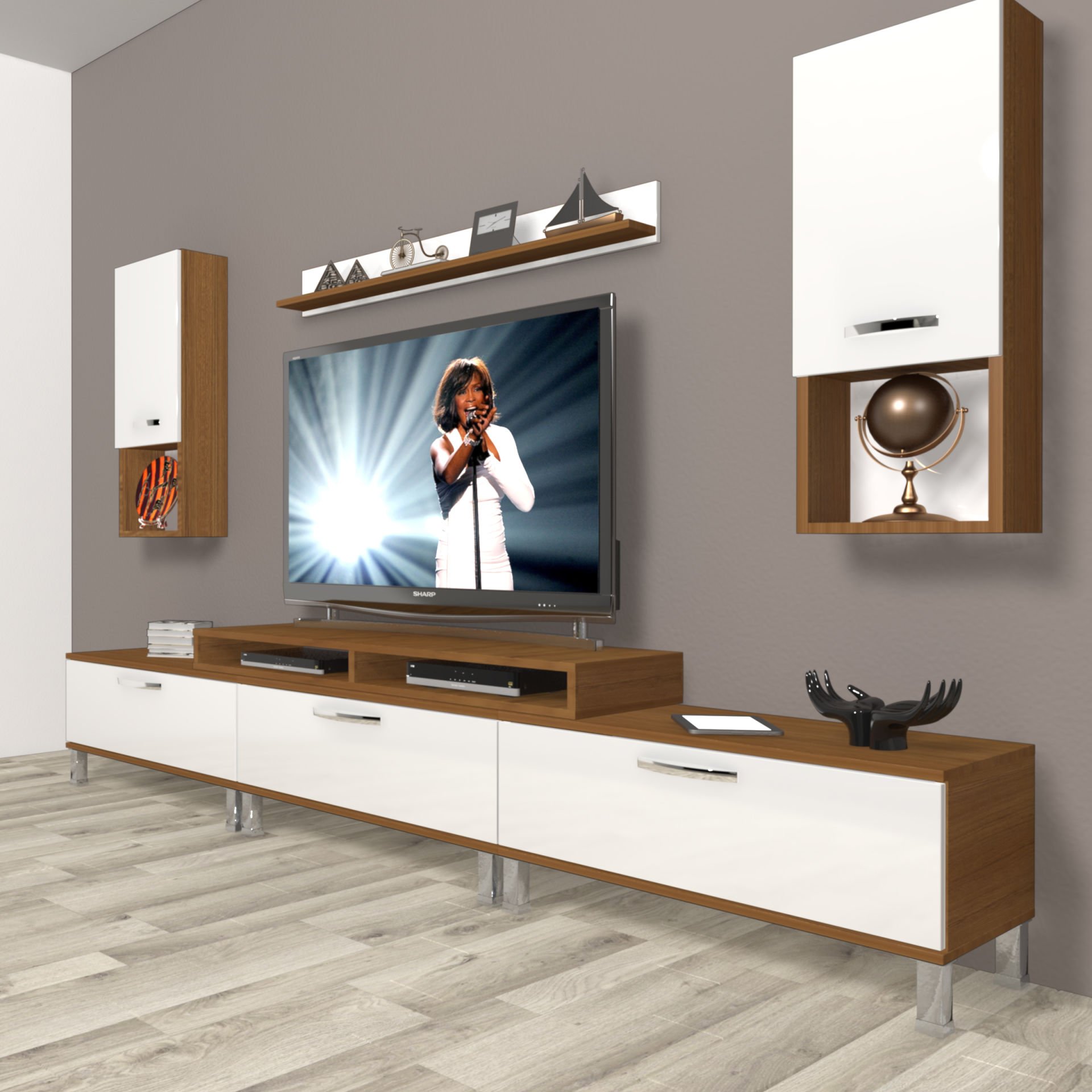 Decoraktiv Ekoflex 270da Mdf Krom Ayaklı Tv Ünitesi Tv Sehpası Ceviz - Beyaz