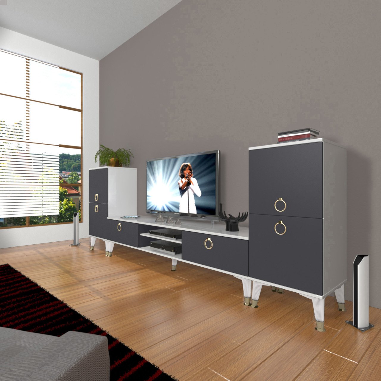 Decoraktiv Eko On2 Mdf Dvd Gold Tv Ünitesi Tv Sehpası Beyaz - Antrasit