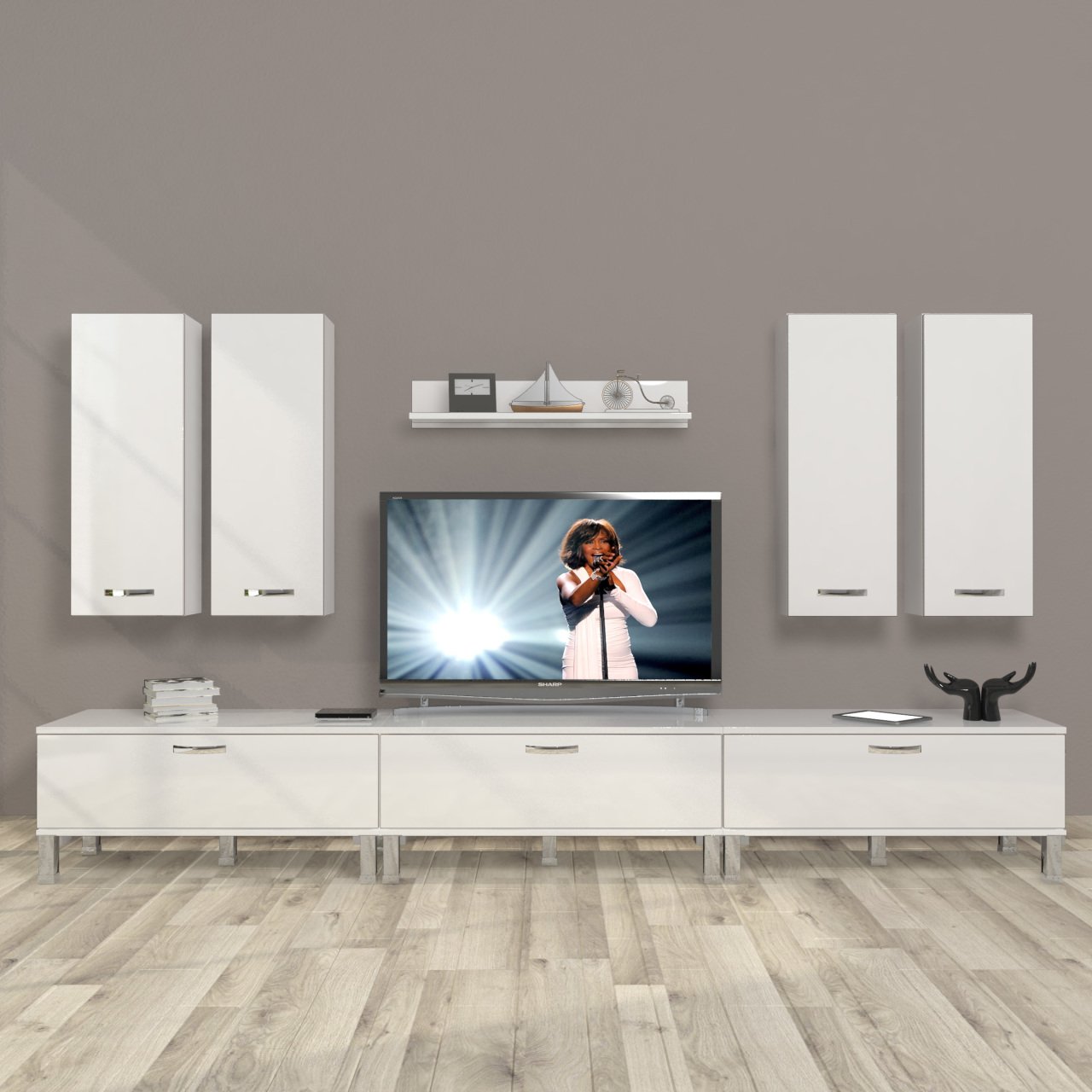 Decoraktiv Eko 8D Slm Krom Ayaklı Tv Ünitesi Tv Sehpası Parlak Beyaz