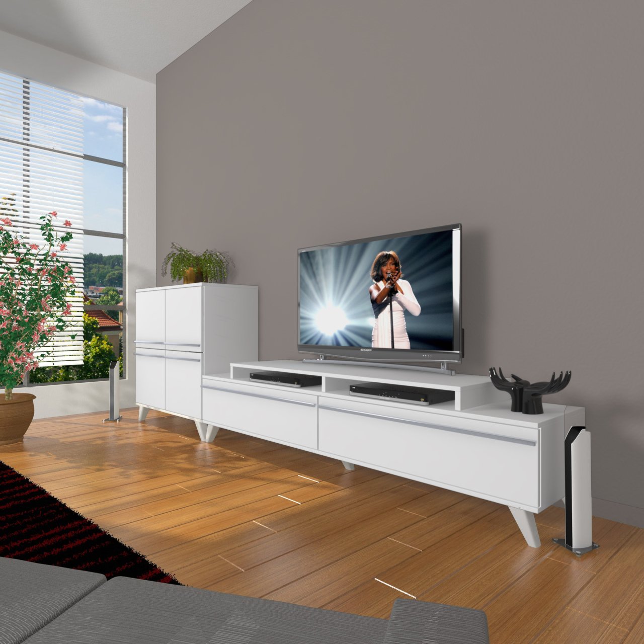 Decoraktiv Ekoflex On Mdf Retro Tv Ünitesi Tv Sehpası Parlak Beyaz