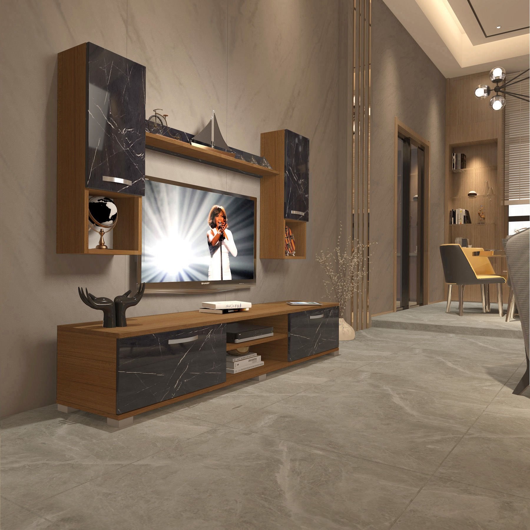 Decoraktiv Eko 5DA Mdf Dvd Tv Ünitesi Tv Sehpası Ceviz - Siyah Mermer