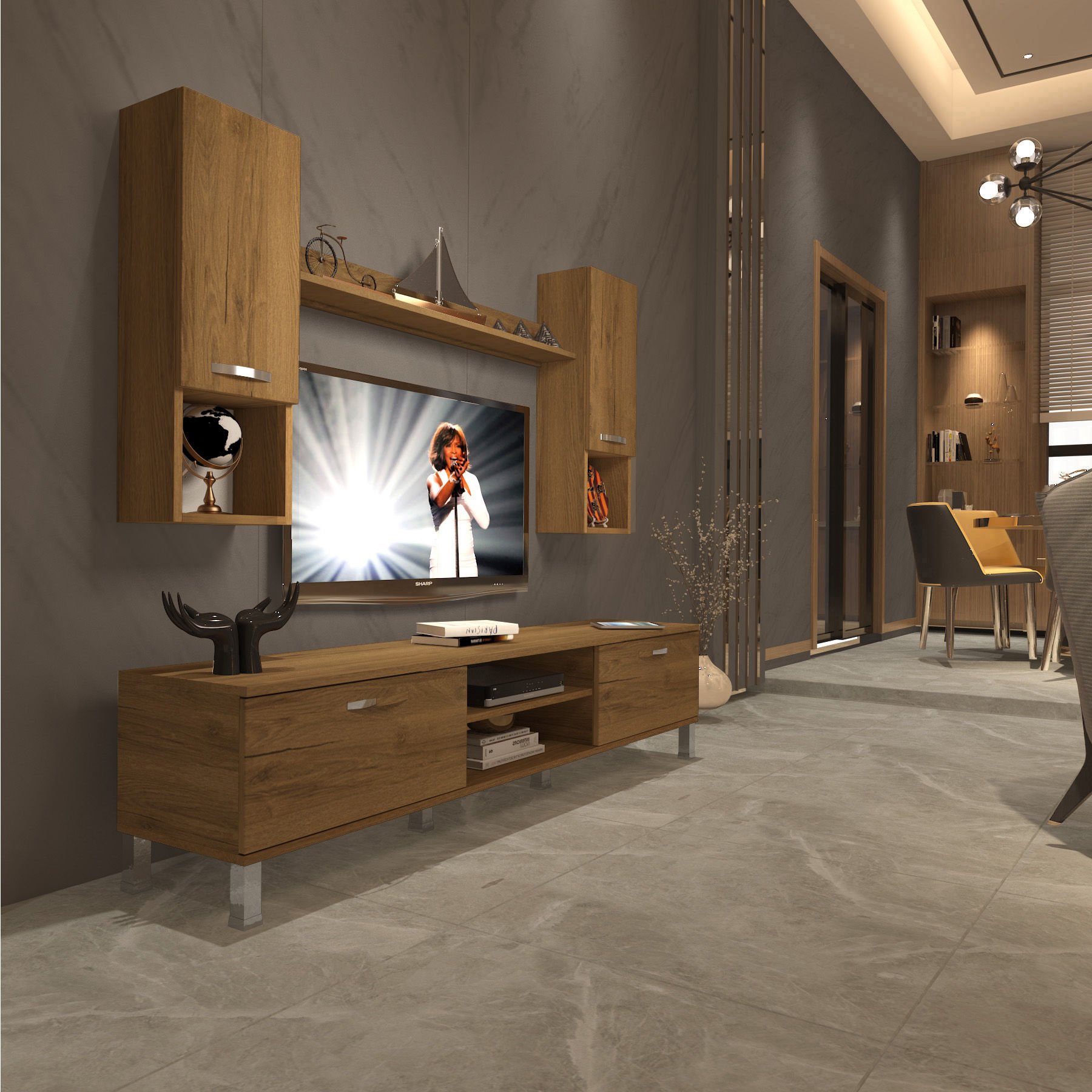 Decoraktiv Eko 5DA Mdf Dvd Krom Ayaklı Tv Ünitesi Tv Sehpası Pera