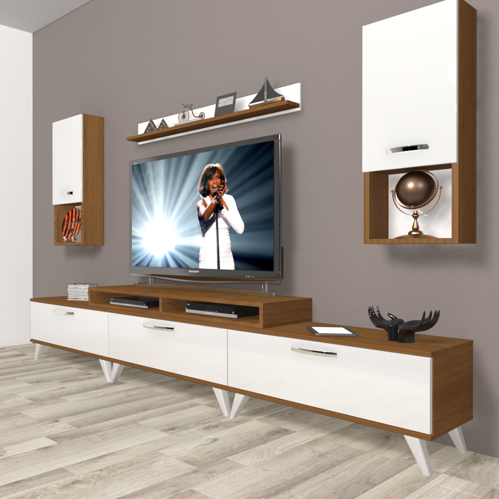 Decoraktiv Ekoflex 270da Mdf Retro Tv Ünitesi Tv Sehpası Ceviz - Beyaz