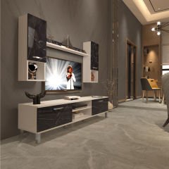 Decoraktiv Eko 5DA Mdf Dvd Krom Ayaklı Tv Ünitesi Tv Sehpası Beyaz - Siyah Mermer
