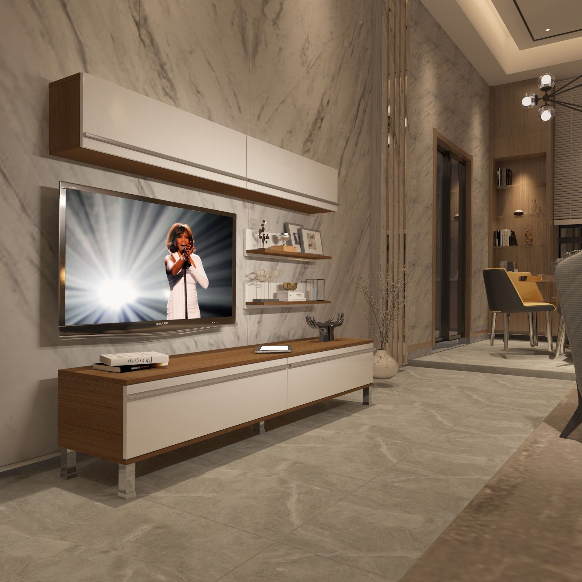 Decoraktiv Eko 5 Mdf Std Krom Ayaklı Tv Ünitesi Tv Sehpası Ceviz - Beyaz