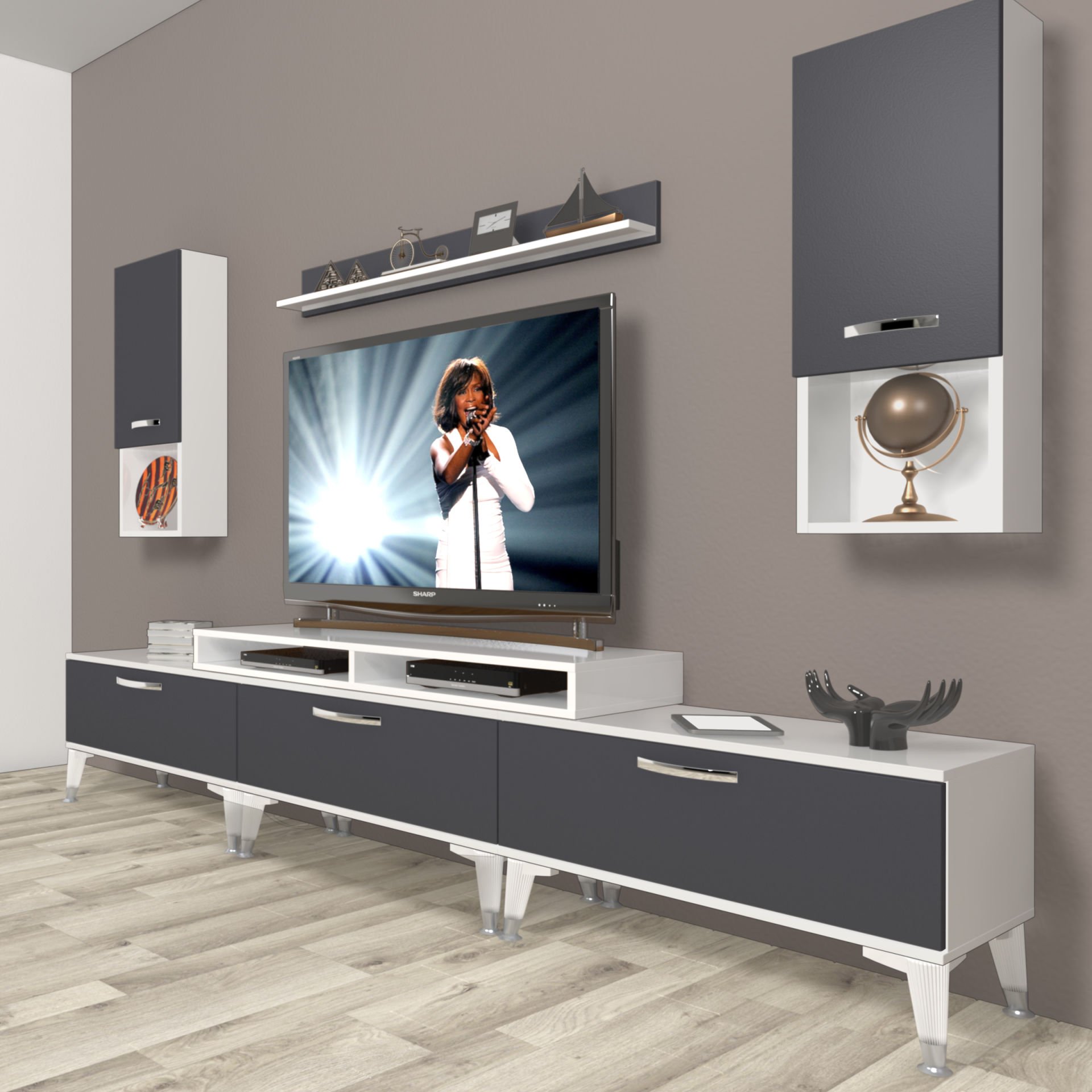 Decoraktiv Ekoflex 270da Mdf Silver Tv Ünitesi Tv Sehpası Beyaz - Antrasit
