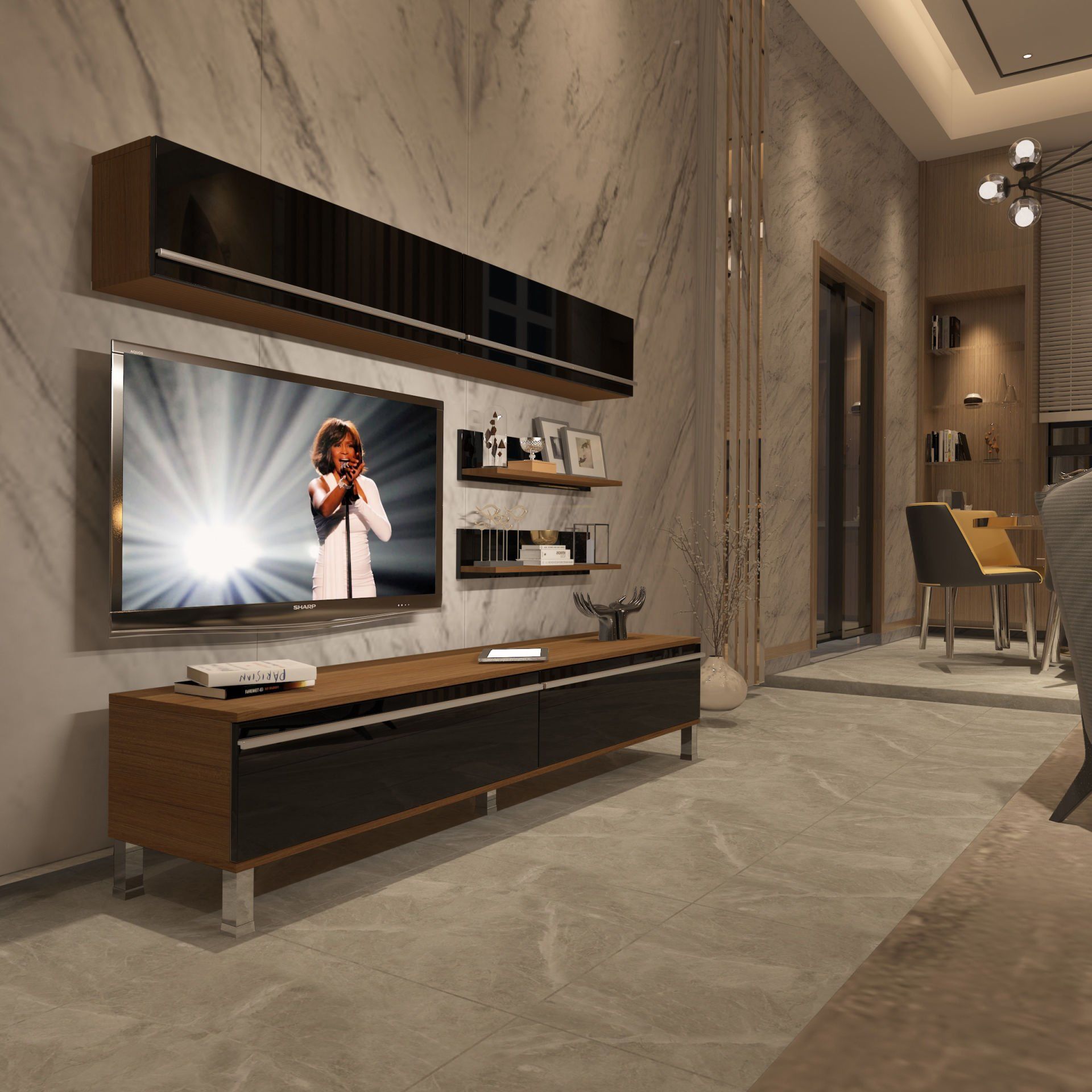 Decoraktiv Eko 5 Mdf Std Krom Ayaklı Tv Ünitesi Tv Sehpası Ceviz - Siyah
