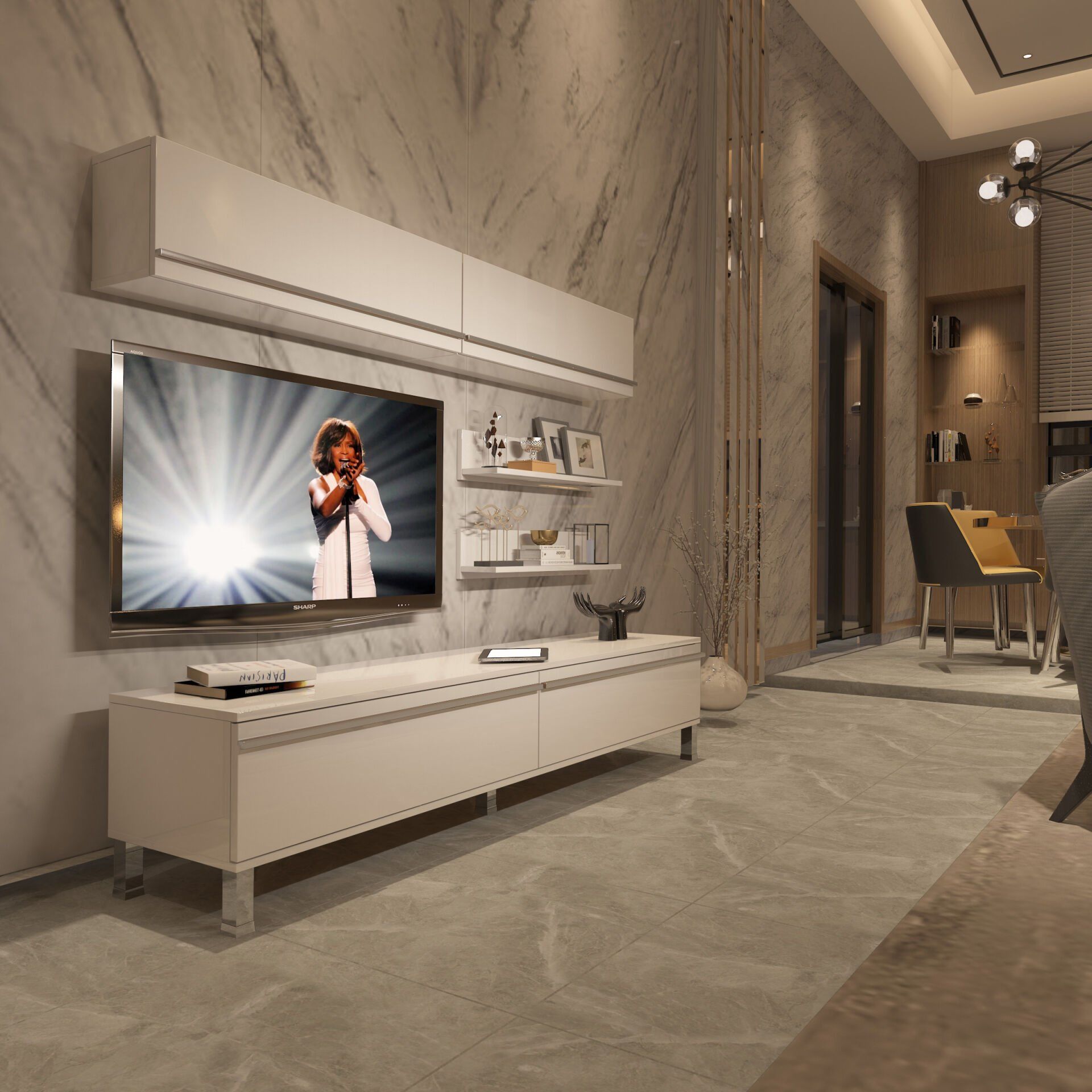 Decoraktiv Eko 5 Mdf Std Krom Ayaklı Tv Ünitesi Tv Sehpası Parlak Beyaz