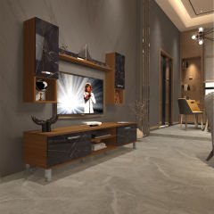Decoraktiv Eko 5DA Mdf Dvd Krom Ayaklı Tv Ünitesi Tv Sehpası Ceviz - Siyah Mermer