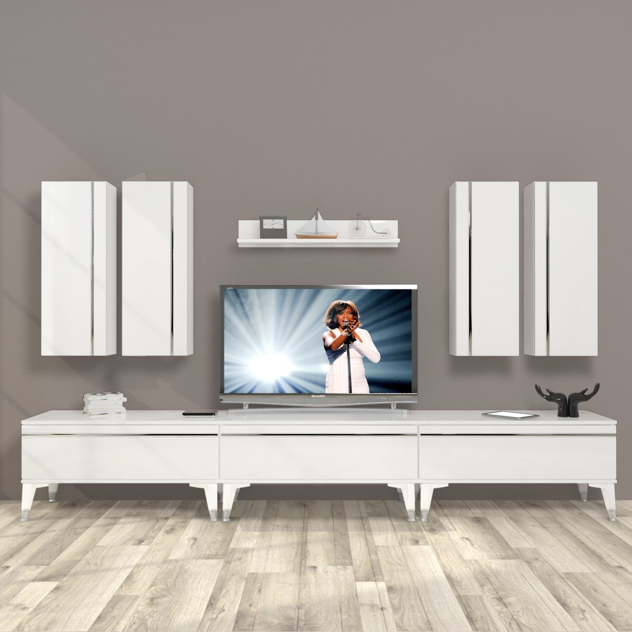 Decoraktiv Eko 8D Mdf Silver Tv Ünitesi Tv Sehpası Parlak Beyaz