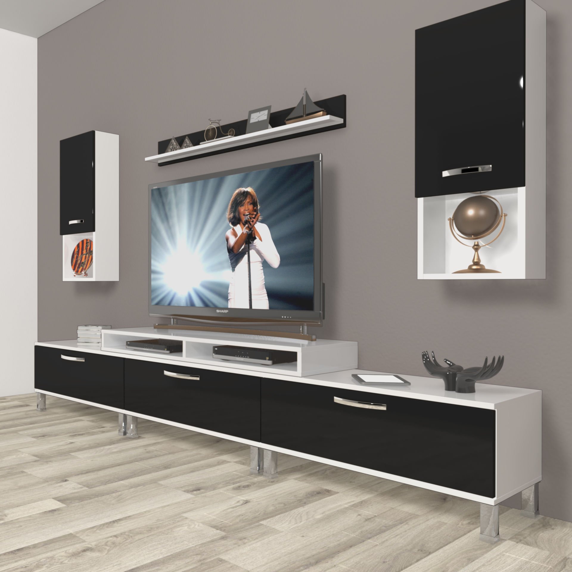 Decoraktiv Ekoflex 270da Slm Krom Ayaklı Tv Ünitesi Tv Sehpası Beyaz - Siyah