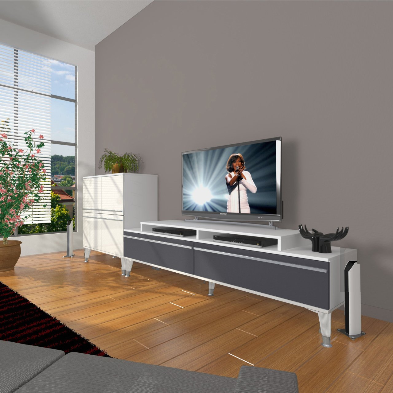 Decoraktiv Ekoflex On Mdf Silver Tv Ünitesi Tv Sehpası Beyaz - Antrasit