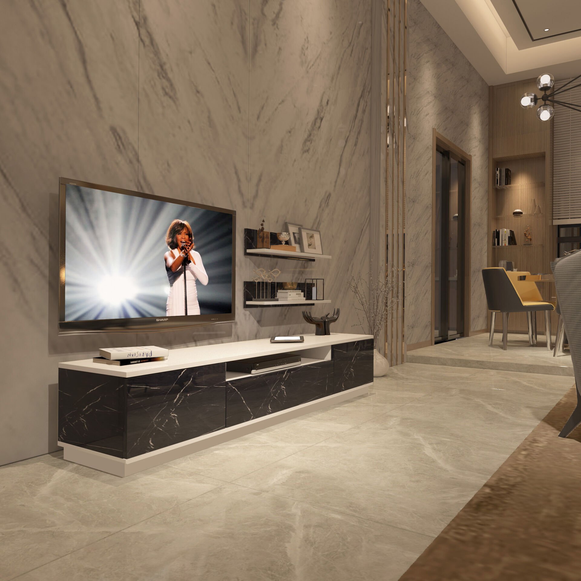 Decoraktiv Trio 4S Mdf Tv Ünitesi Tv Sehpası Beyaz - Siyah Mermer