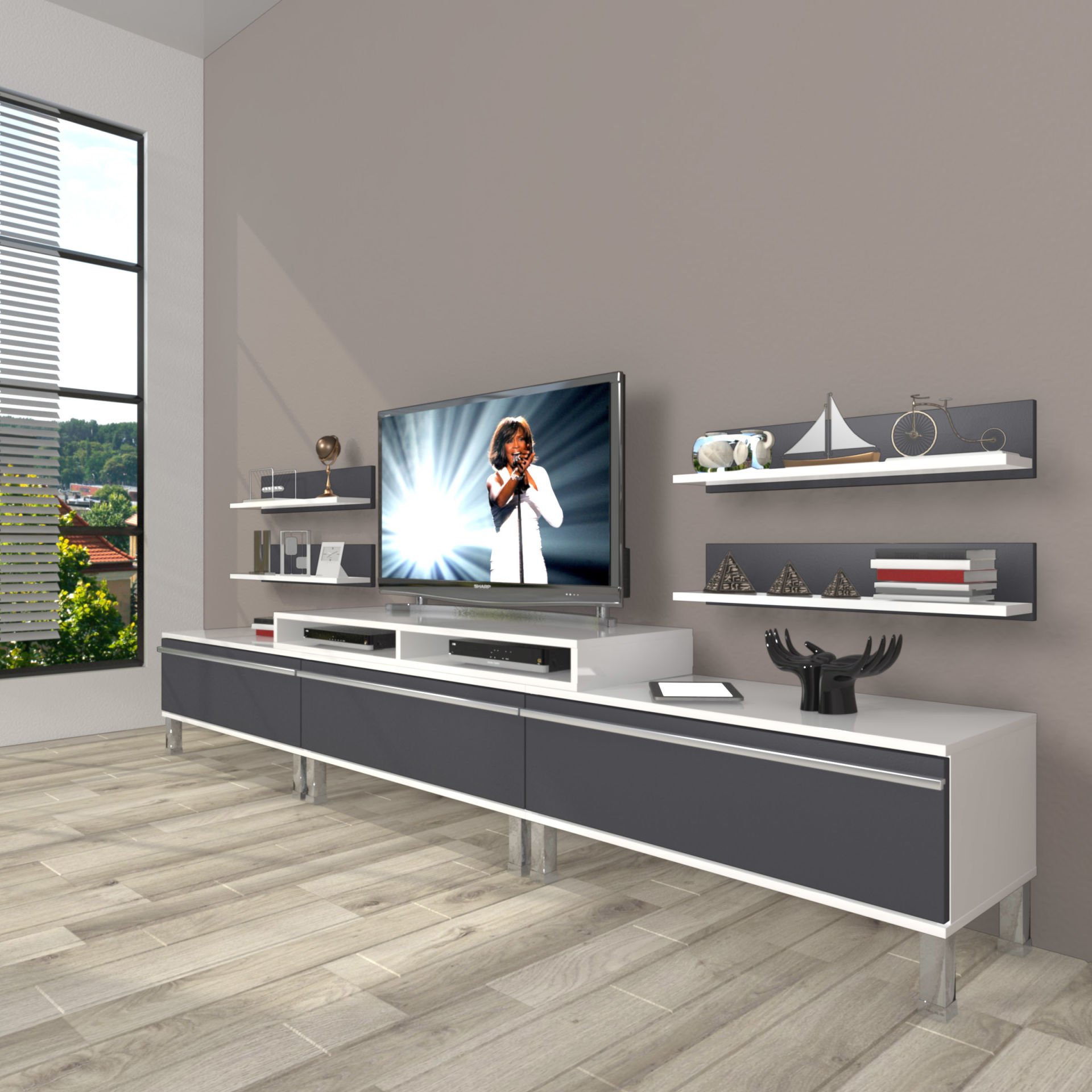 Decoraktiv Ekoflex 270r Mdf Krom Ayaklı Tv Ünitesi Tv Sehpası Beyaz - Antrasit