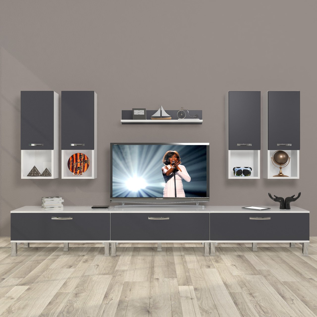 Decoraktiv Eko 8DA Mdf Krom Ayaklı Tv Ünitesi Tv Sehpası Beyaz - Antrasit