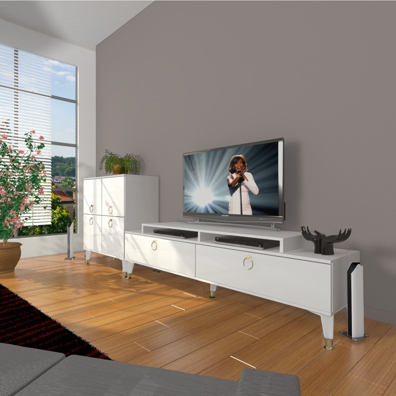 Decoraktiv Ekoflex On Mdf Gold Tv Ünitesi Tv Sehpası Parlak Beyaz