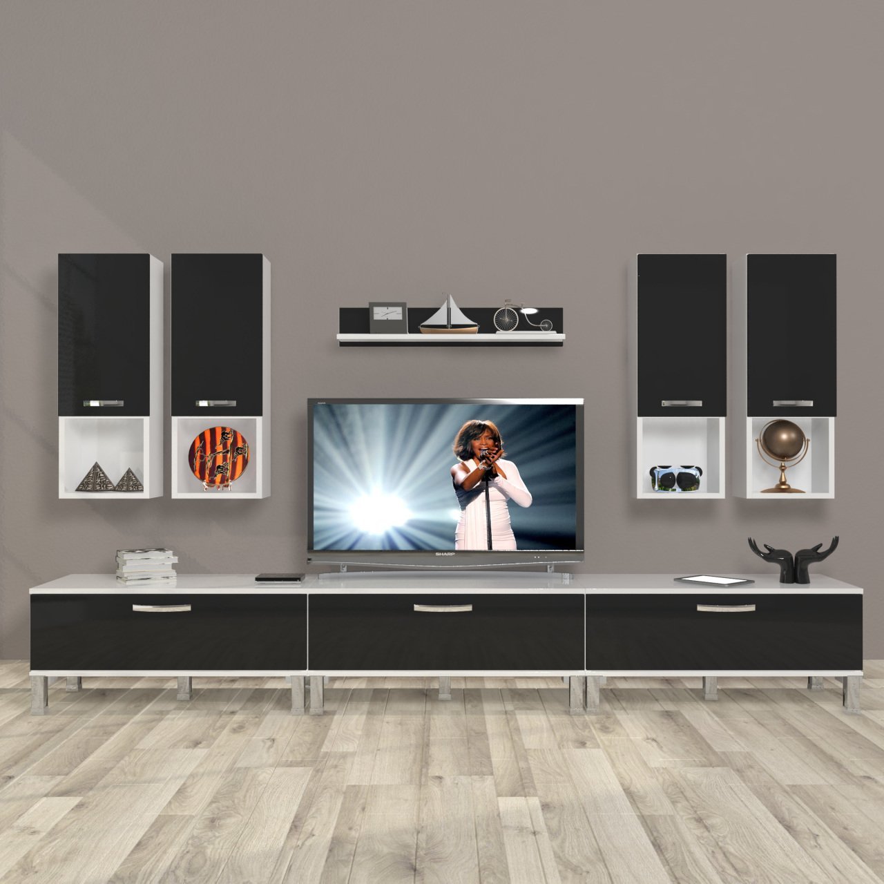 Decoraktiv Eko 8DA Mdf Krom Ayaklı Tv Ünitesi Tv Sehpası Beyaz - Siyah