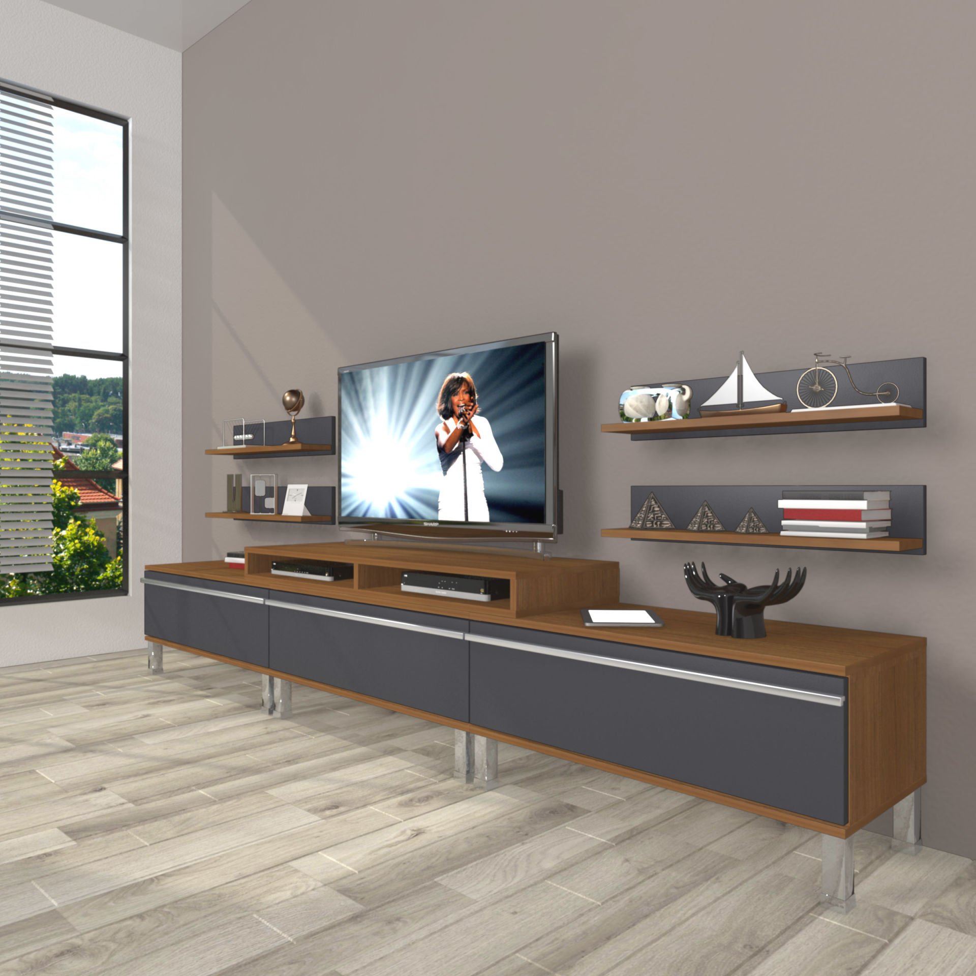 Decoraktiv Ekoflex 270r Mdf Krom Ayaklı Tv Ünitesi Tv Sehpası Ceviz - Antrasit