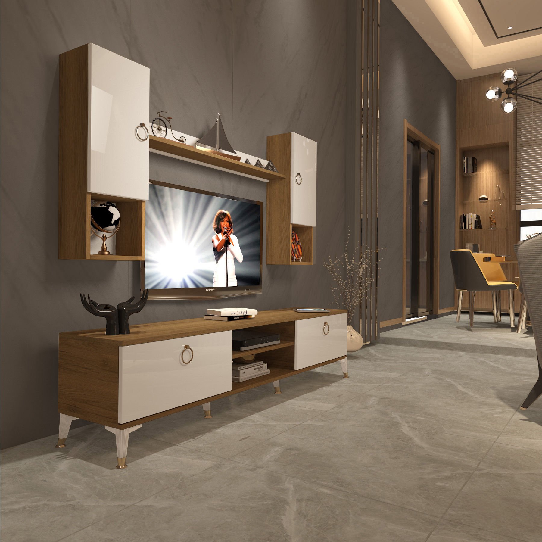 Decoraktiv Eko 5DA Mdf Dvd Gold Tv Ünitesi Tv Sehpası Pera - Beyaz