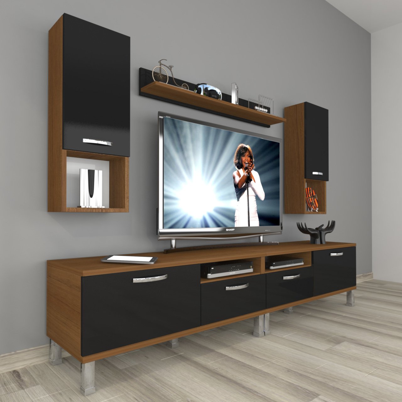Decoraktiv Eko 5220DA Slm Krom Ayaklı Tv Ünitesi Tv Sehpası Ceviz - Siyah